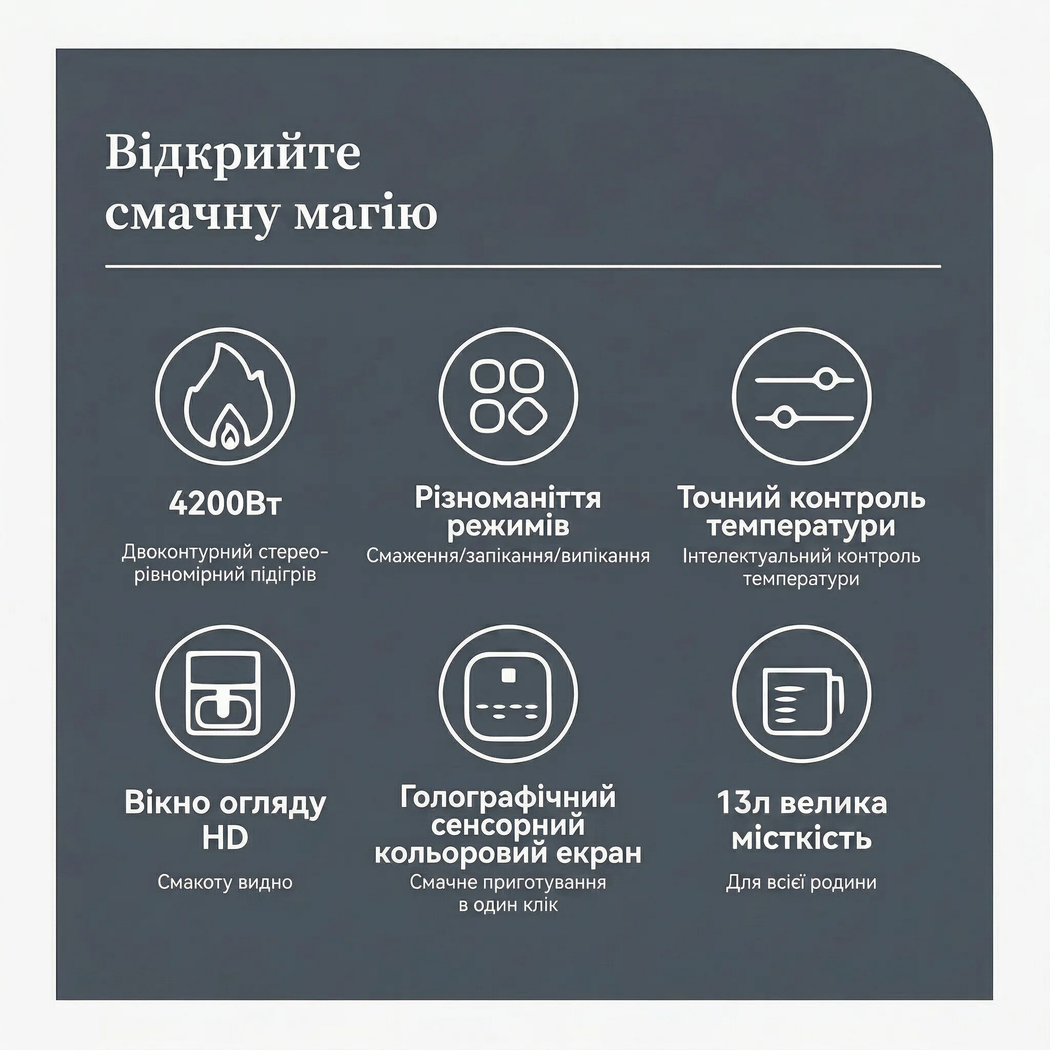 Характеристики — 4200Вт, HD вікно, голографічний екран
